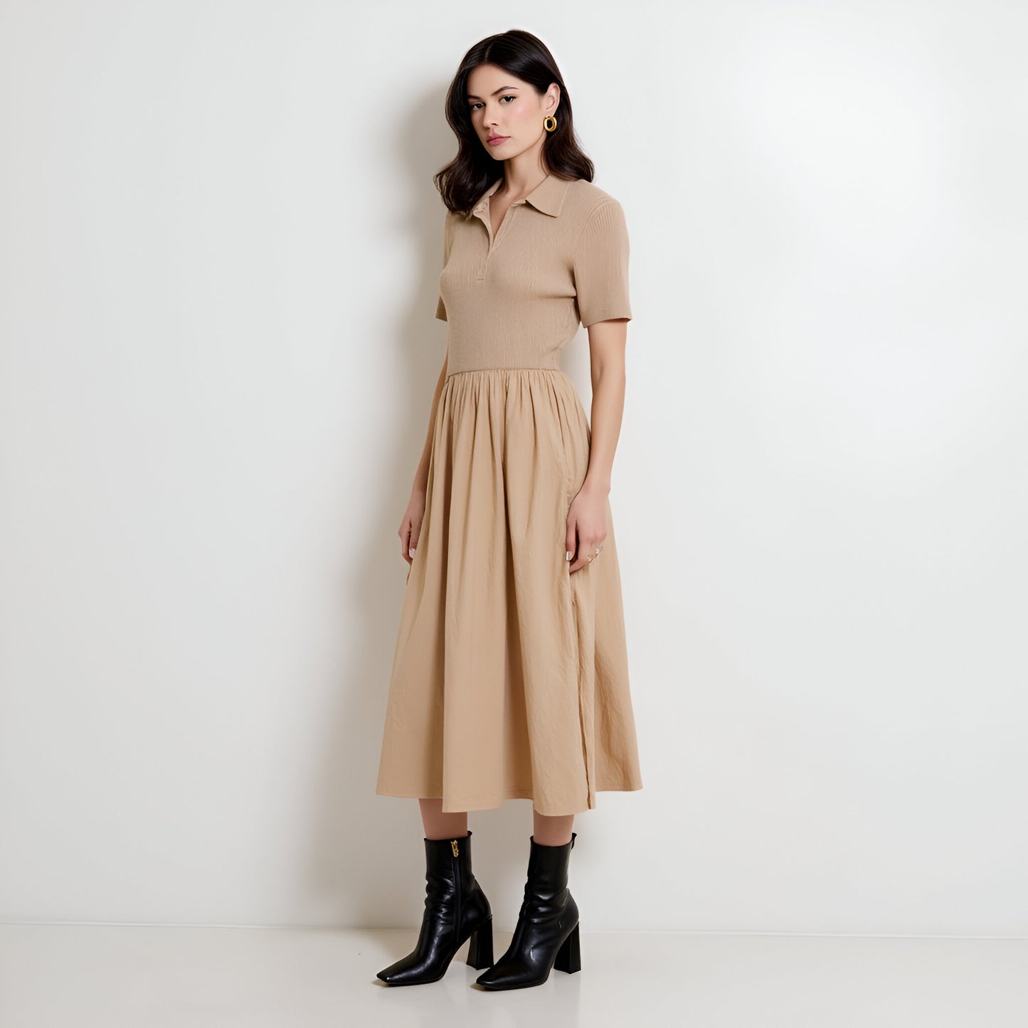Polo Collar Short Sleeve Sweater Dress with Gathered A-Line Midi Skirt