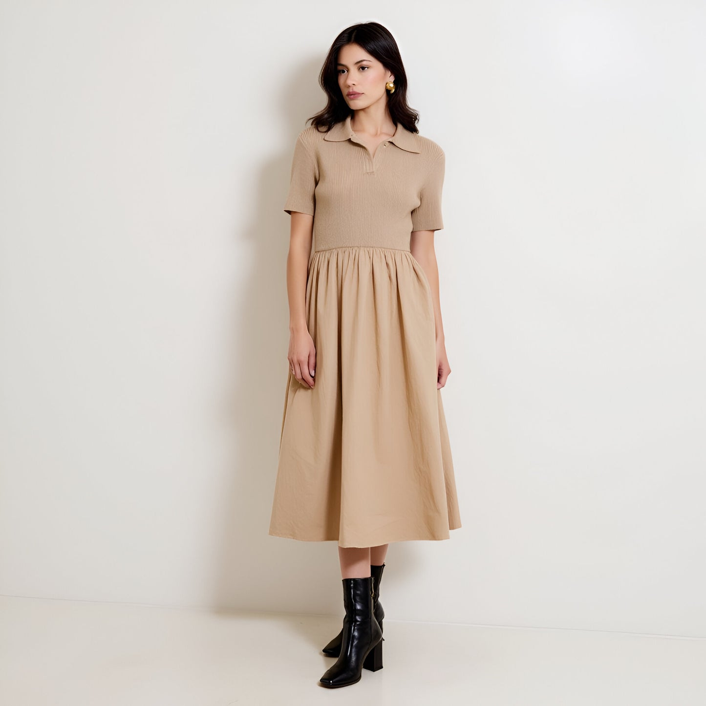 Polo Collar Short Sleeve Sweater Dress with Gathered A-Line Midi Skirt