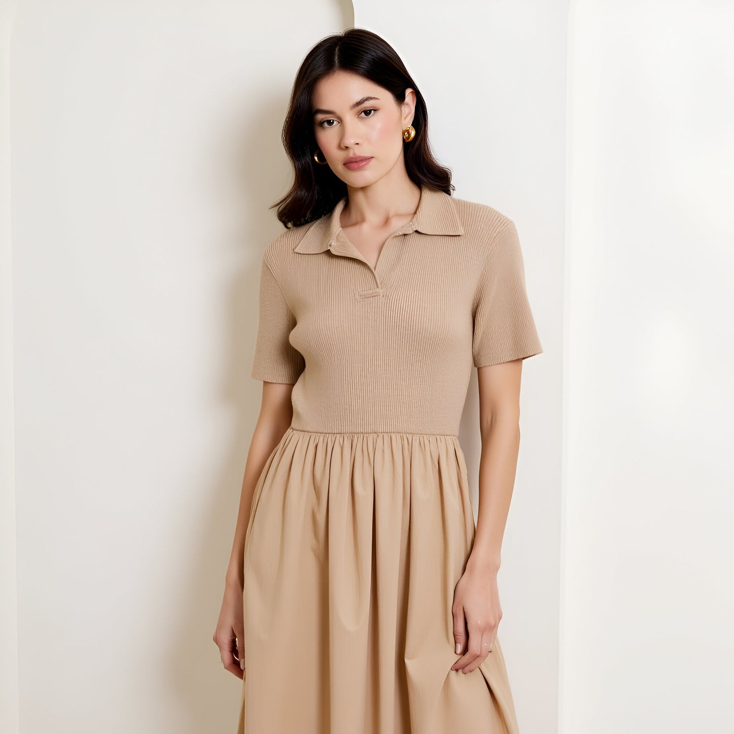 Polo Collar Short Sleeve Sweater Dress with Gathered A-Line Midi Skirt