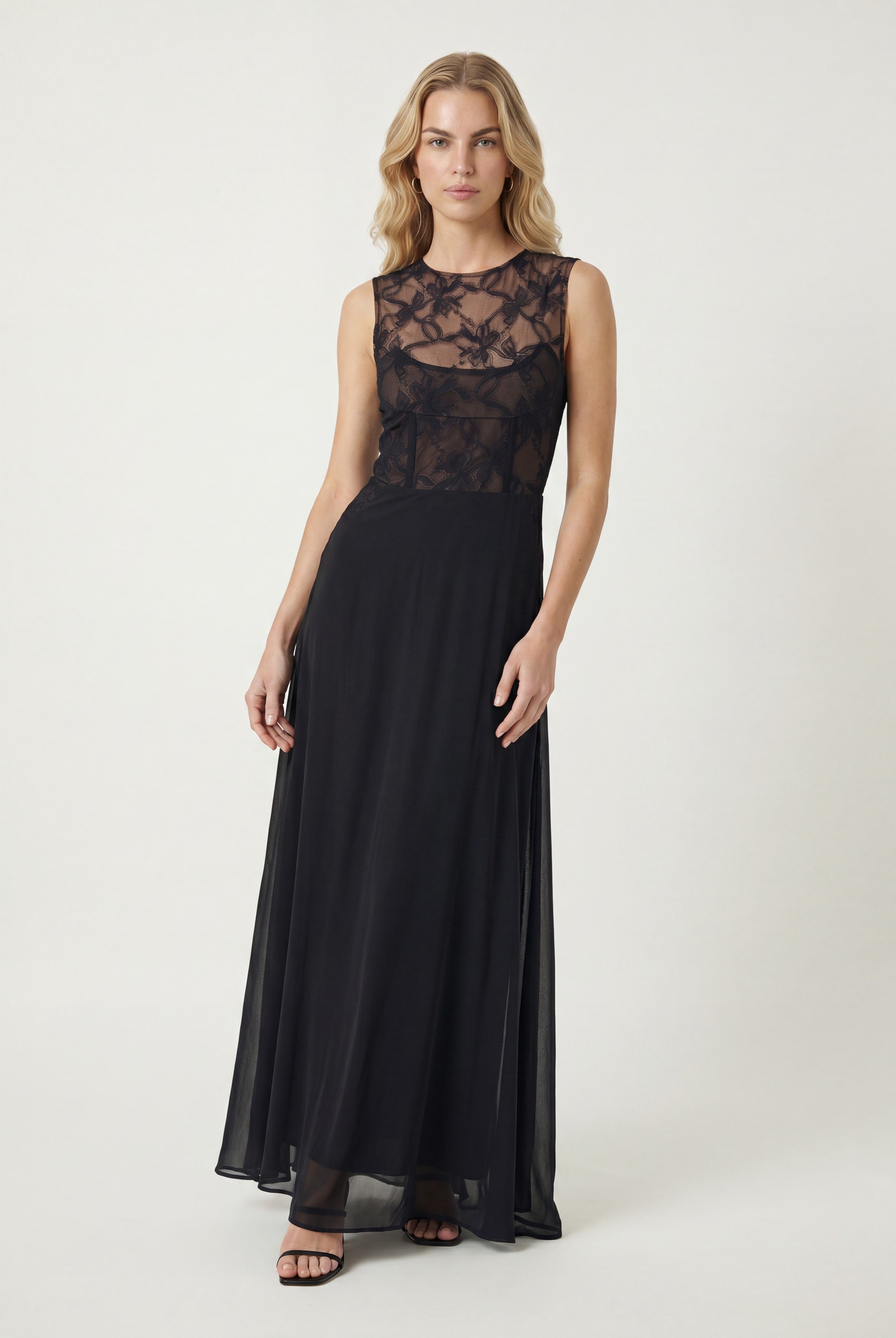 Black maxi dress with lace and sleeveless