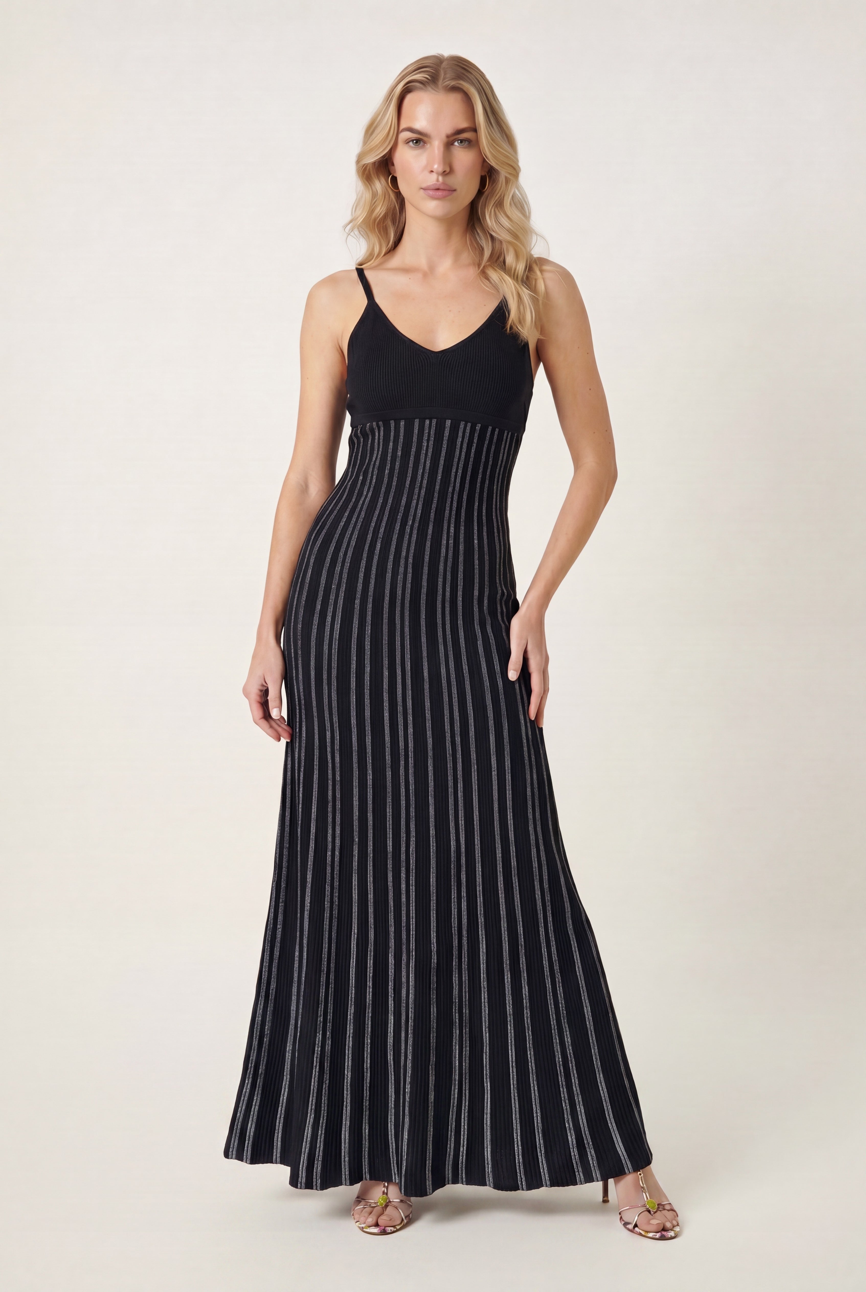 Black maxi dress with striped, knit and sleeveless