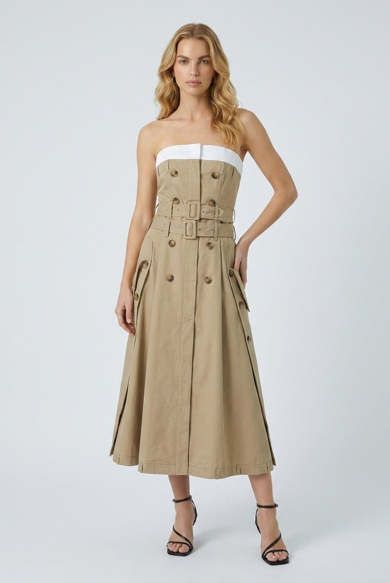 Beige midi dress with strapless and belted
