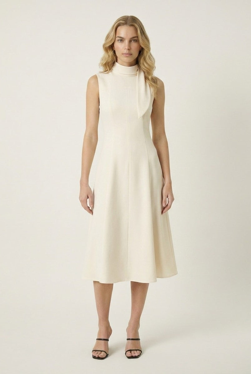 Elegant High-Neck Sleeveless Midi Dress with Tie Detail
