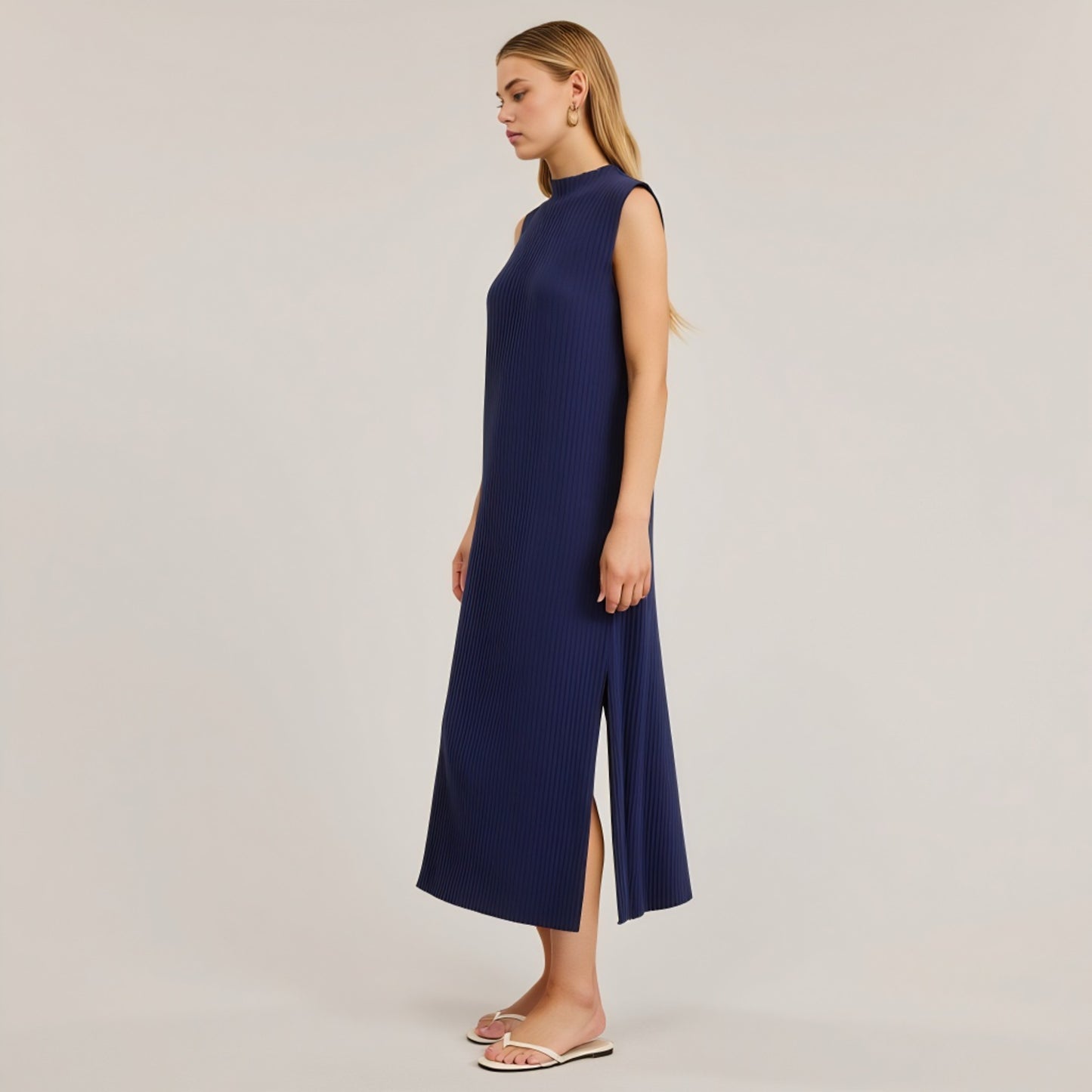 Sleeveless Ribbed Knit Midi Dress with Side Slit and High Neckline