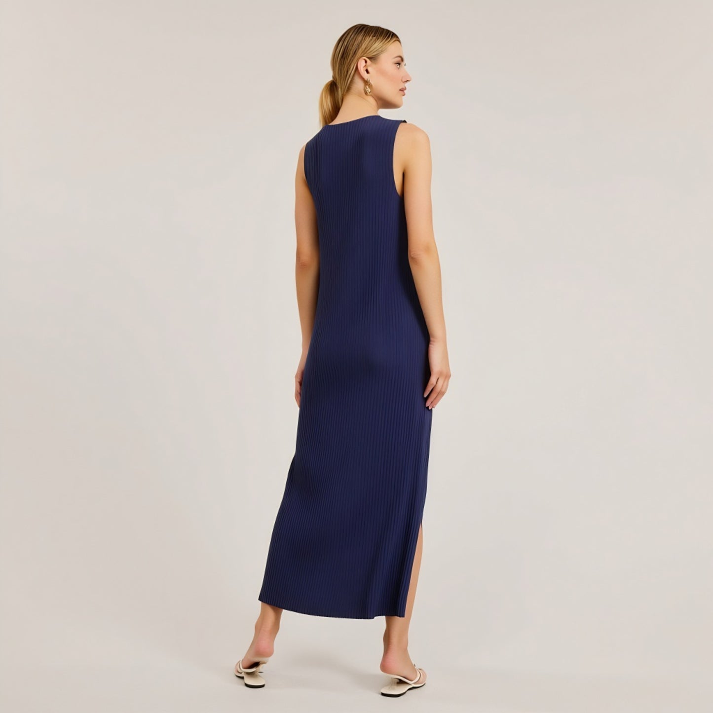 Sleeveless Ribbed Knit Midi Dress with Side Slit and High Neckline