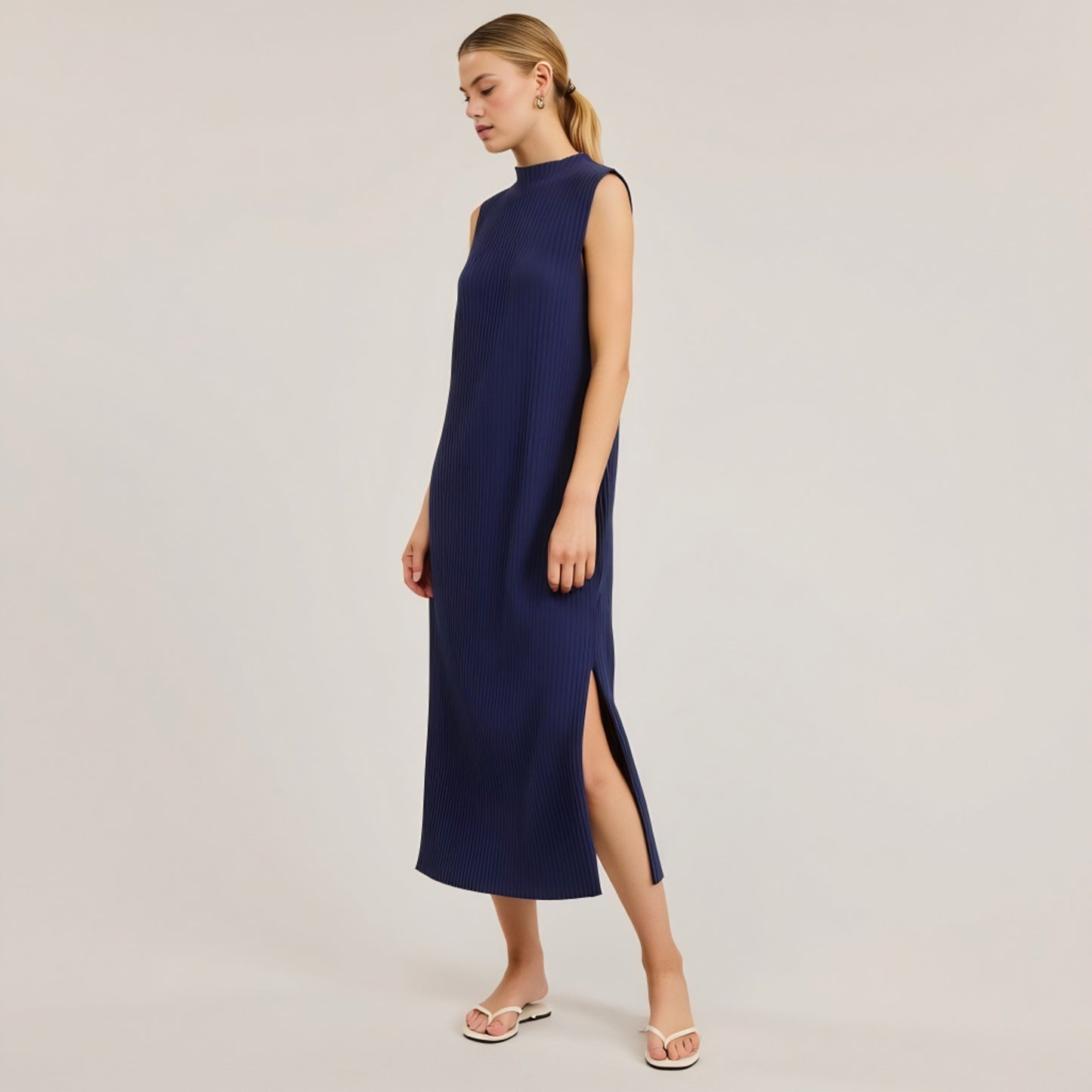 Sleeveless Ribbed Knit Midi Dress with Side Slit and High Neckline