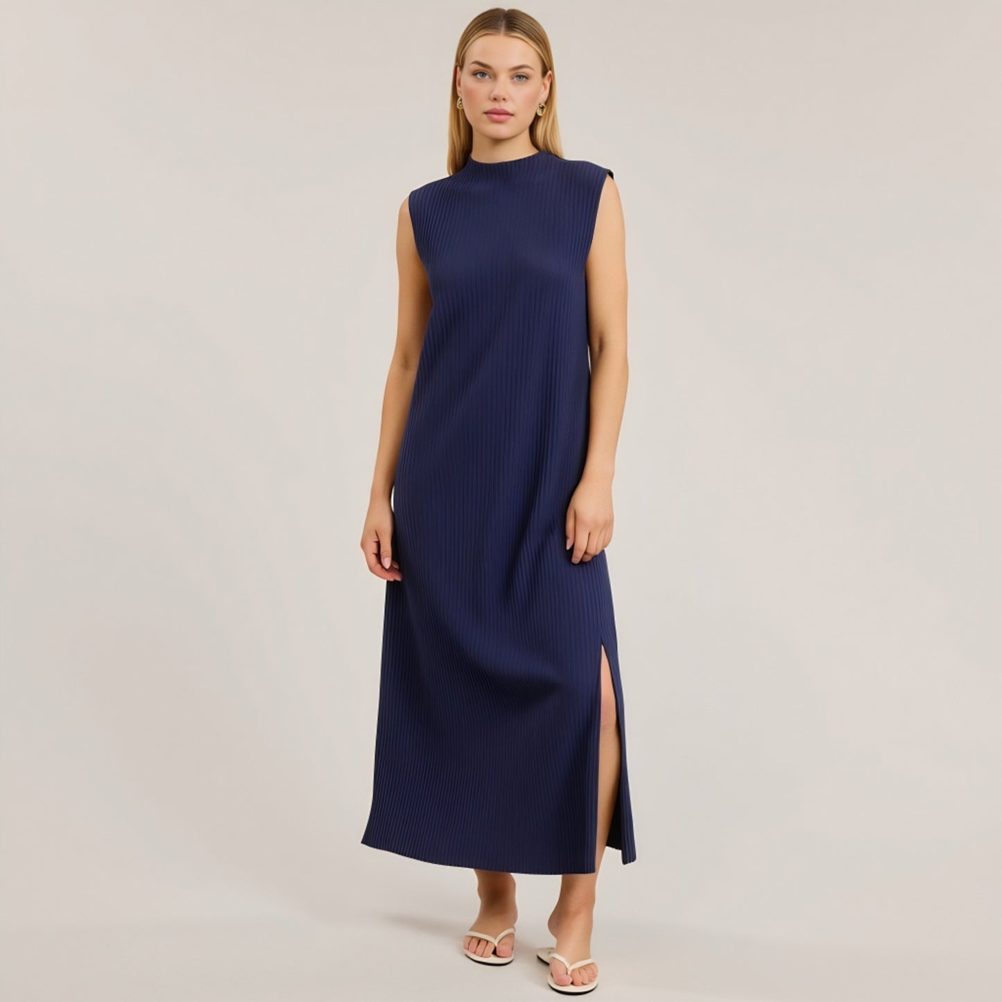 Sleeveless Ribbed Knit Midi Dress with Side Slit and High Neckline