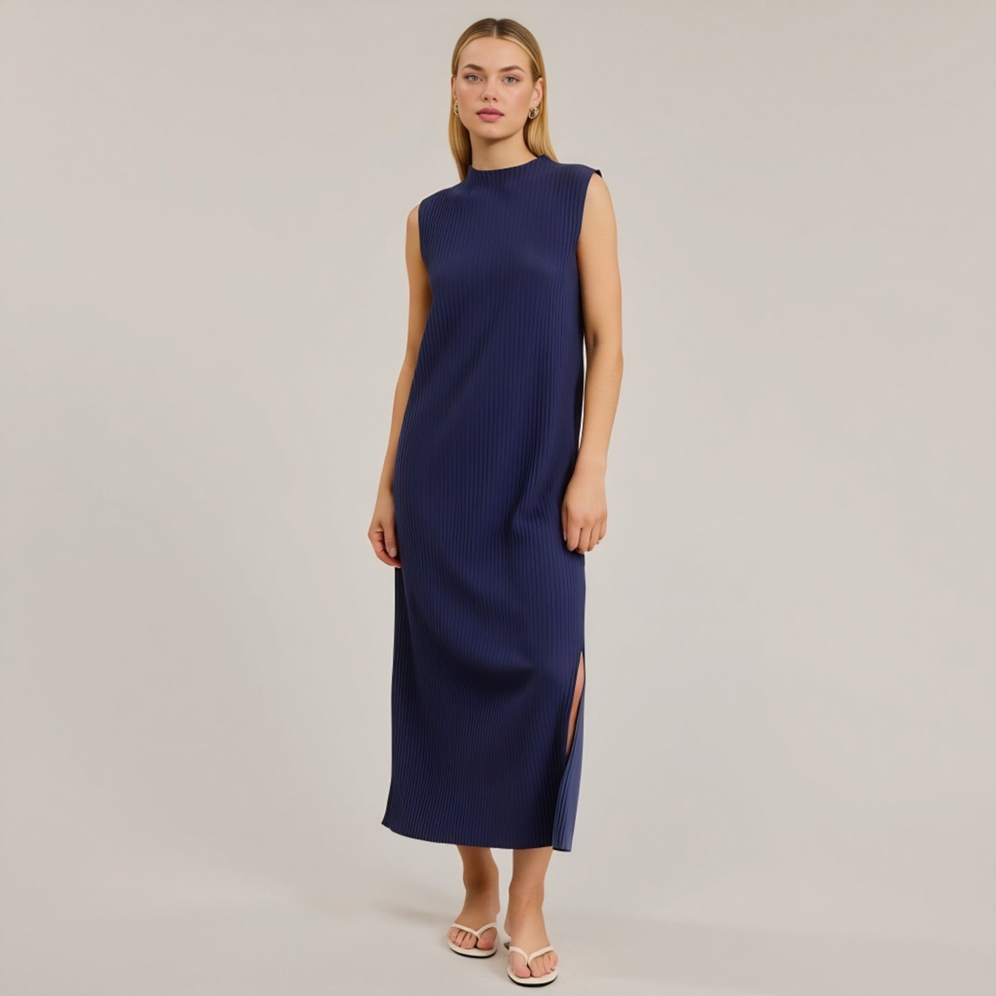 Sleeveless Ribbed Knit Midi Dress with Side Slit and High Neckline