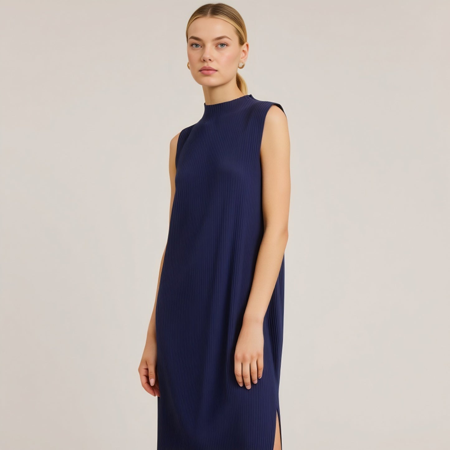 Sleeveless Ribbed Knit Midi Dress with Side Slit and High Neckline