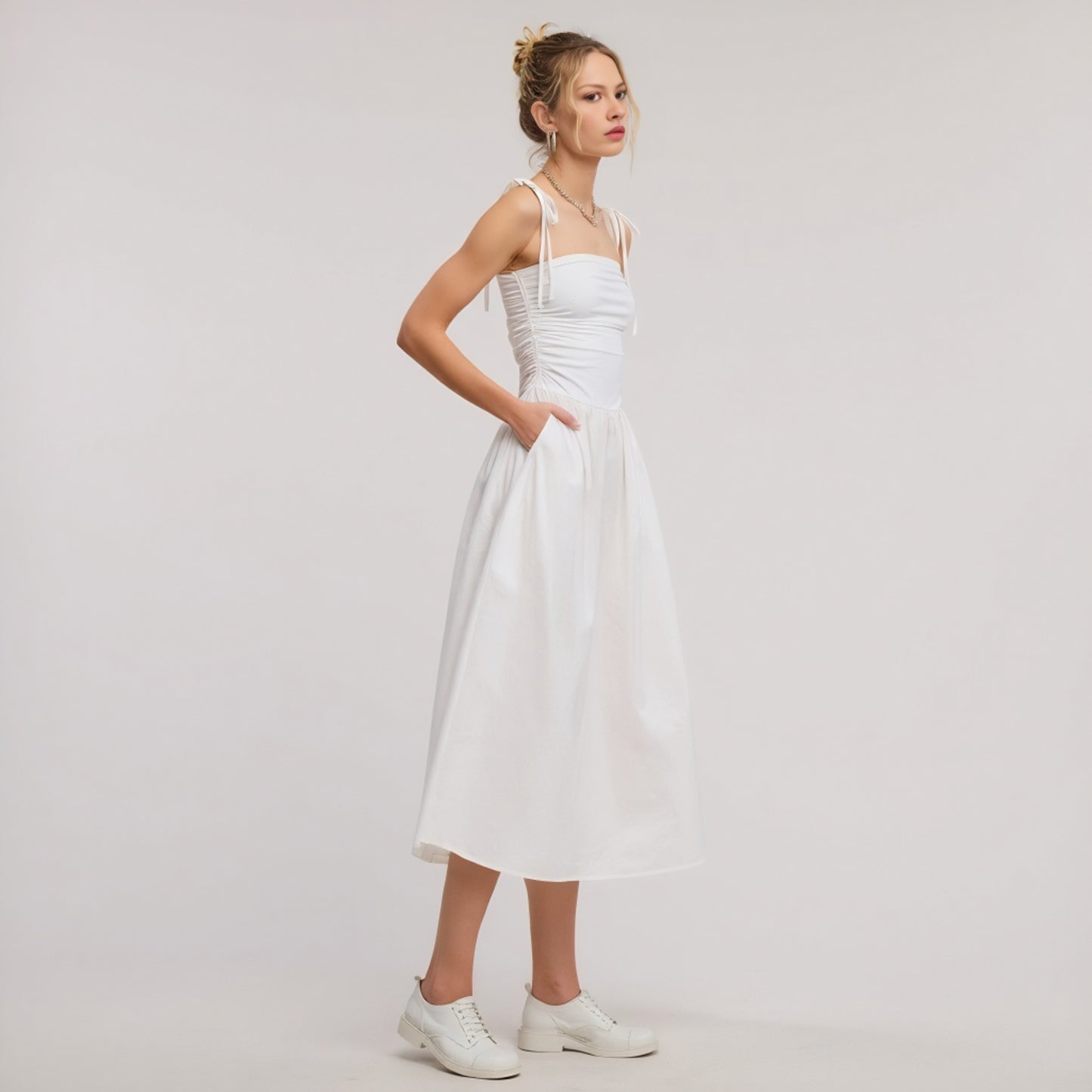 Ruched Bodice Midi Dress with Tie Straps and Gathered Full Skirt
