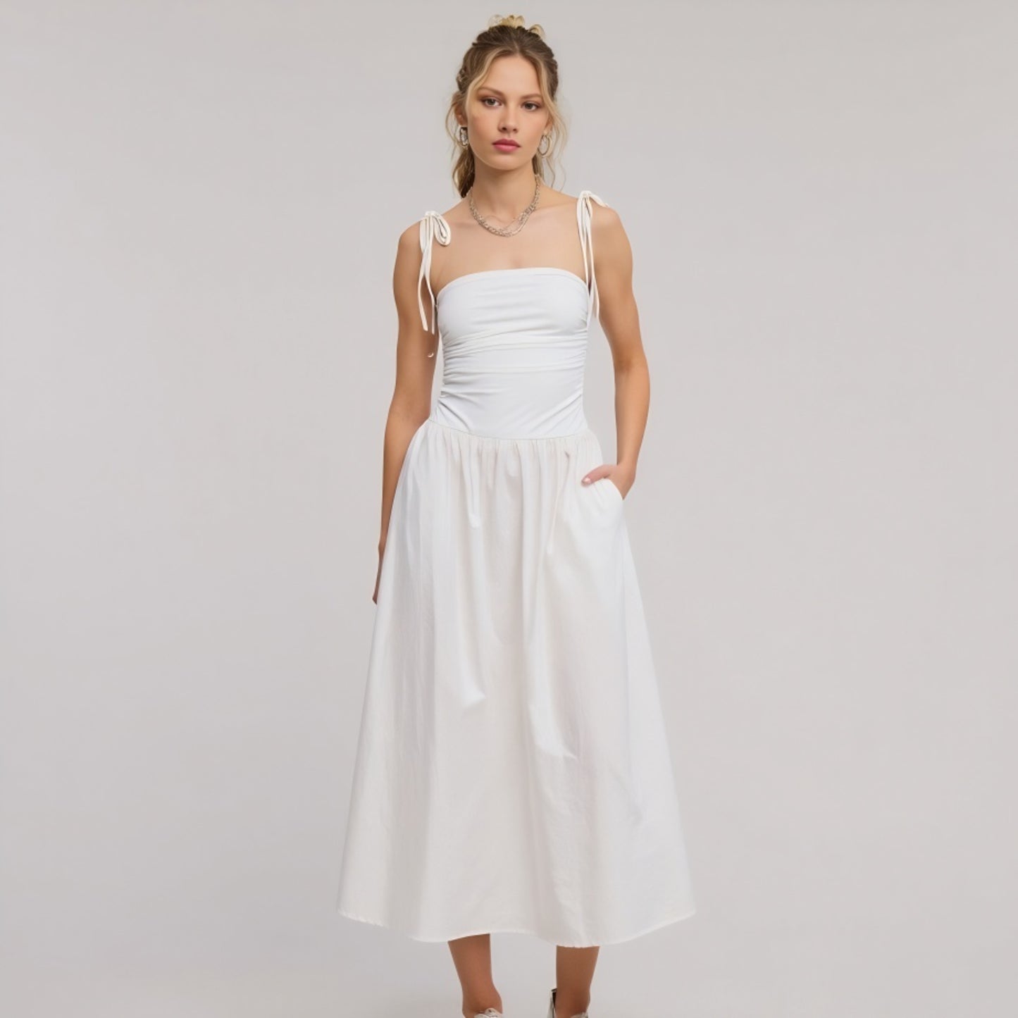 Ruched Bodice Midi Dress with Tie Straps and Gathered Full Skirt