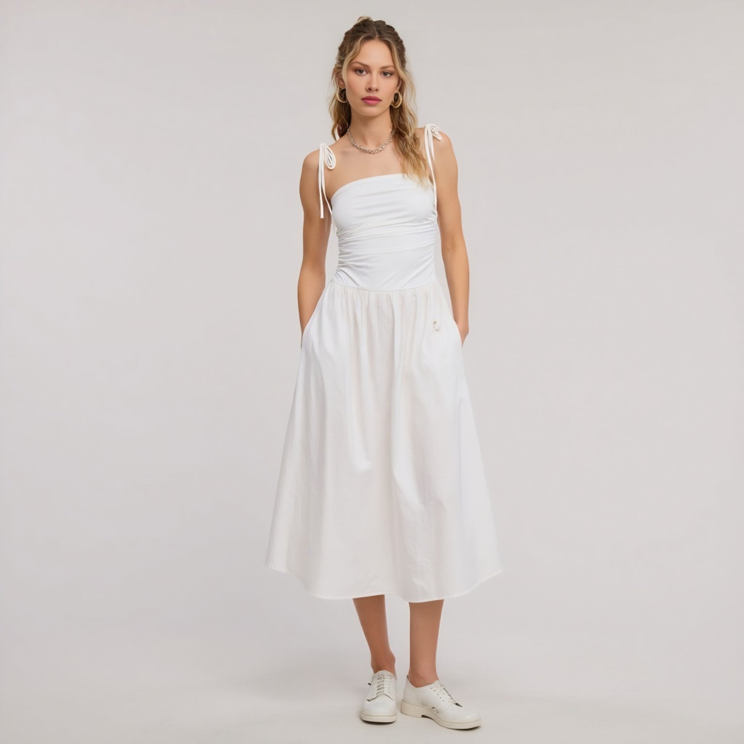 Ruched Bodice Midi Dress with Tie Straps and Gathered Full Skirt
