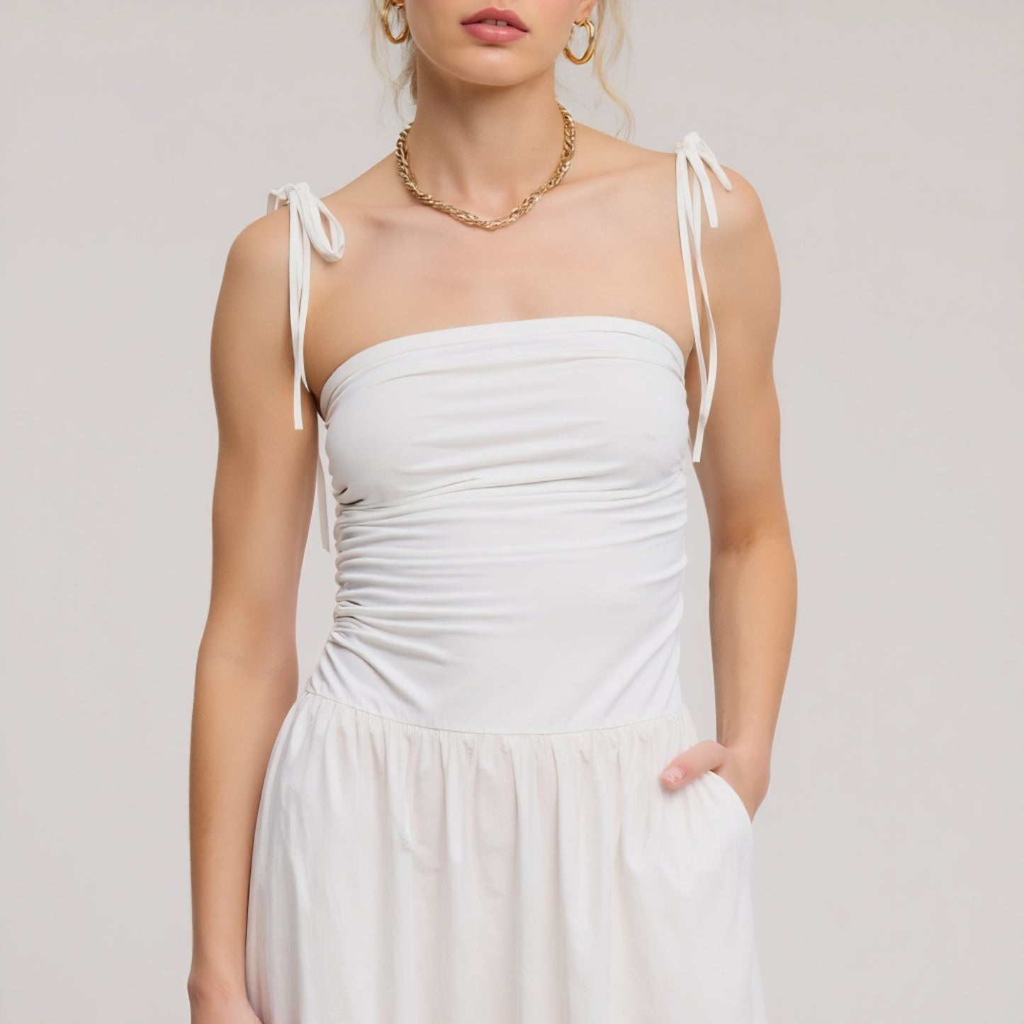 Ruched Bodice Midi Dress with Tie Straps and Gathered Full Skirt