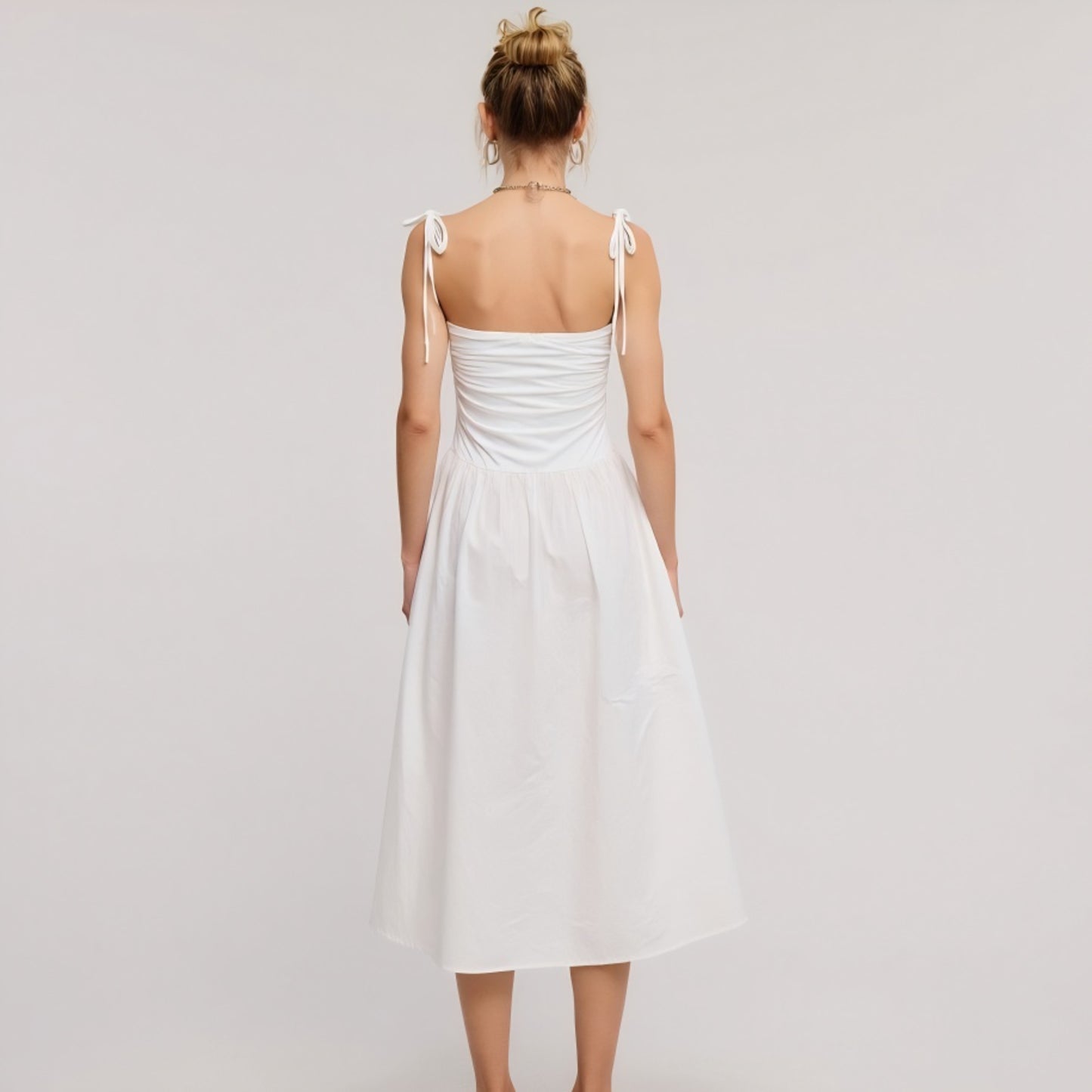 Ruched Bodice Midi Dress with Tie Straps and Gathered Full Skirt