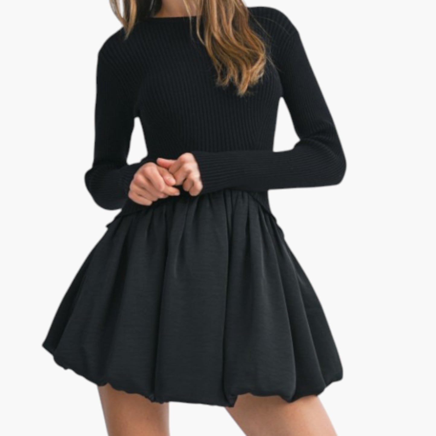 Knit and Woven Fit-and-Flare Mini Dress with Ribbed Long Sleeve Top