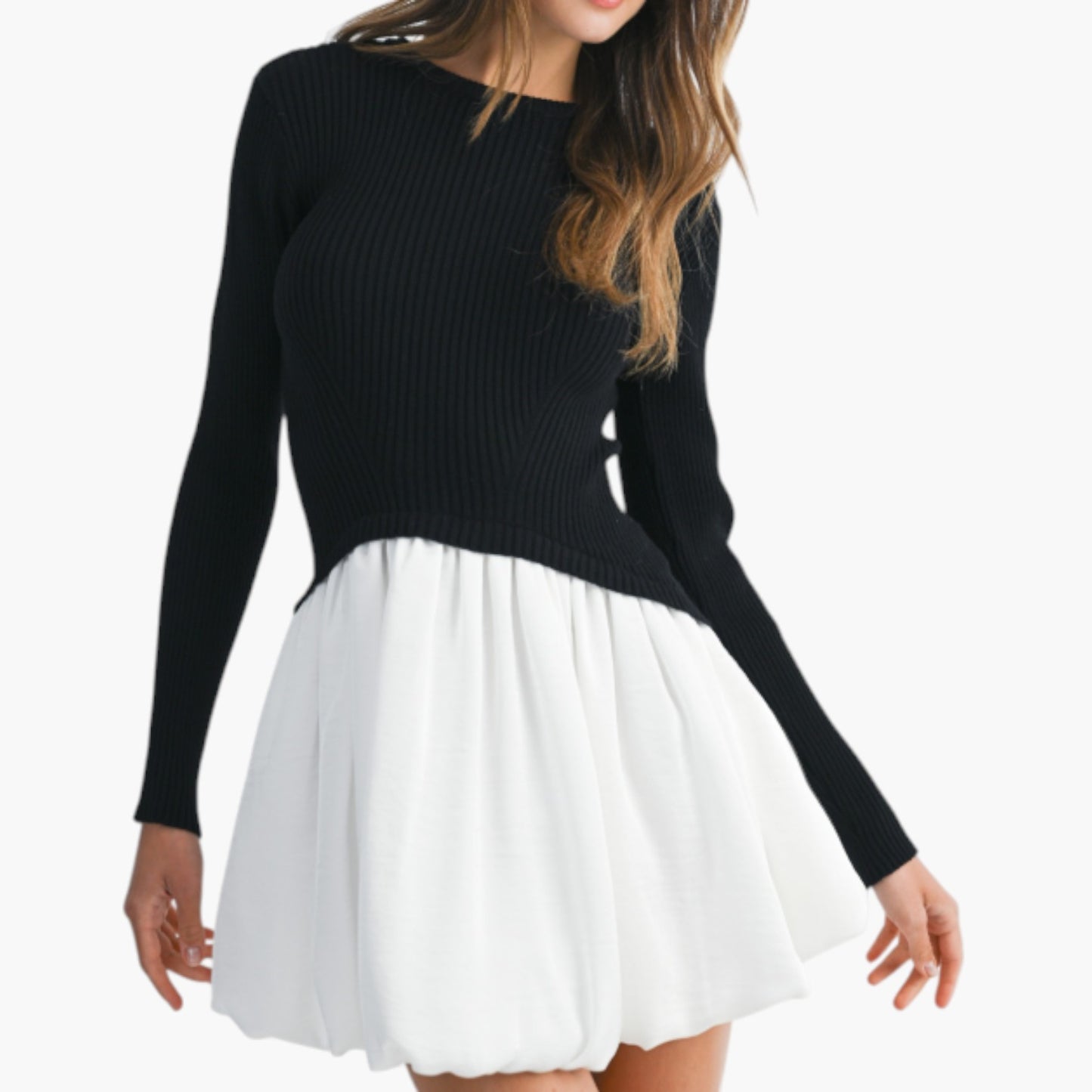 Knit and Woven Fit-and-Flare Mini Dress with Ribbed Long Sleeve Top