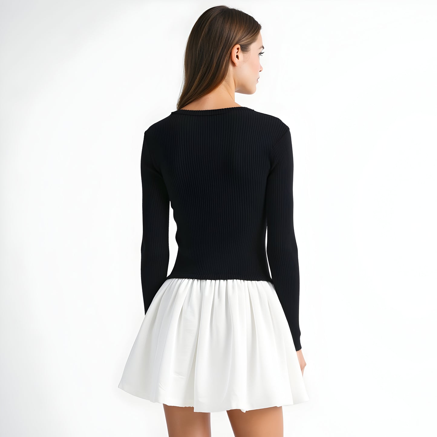 Knit and Woven Fit-and-Flare Mini Dress with Ribbed Long Sleeve Top