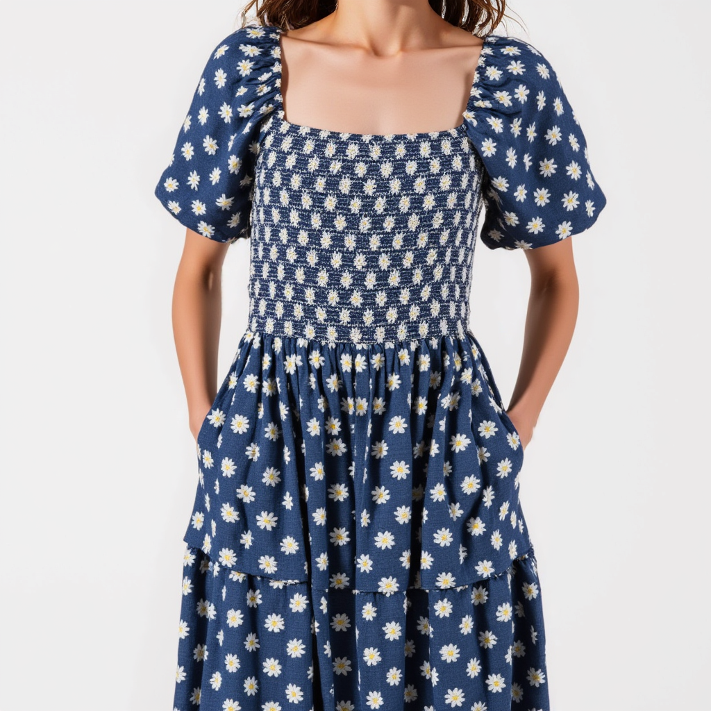 Smocked Puff-Sleeve Midi Dress with Tiered Skirt and Pockets