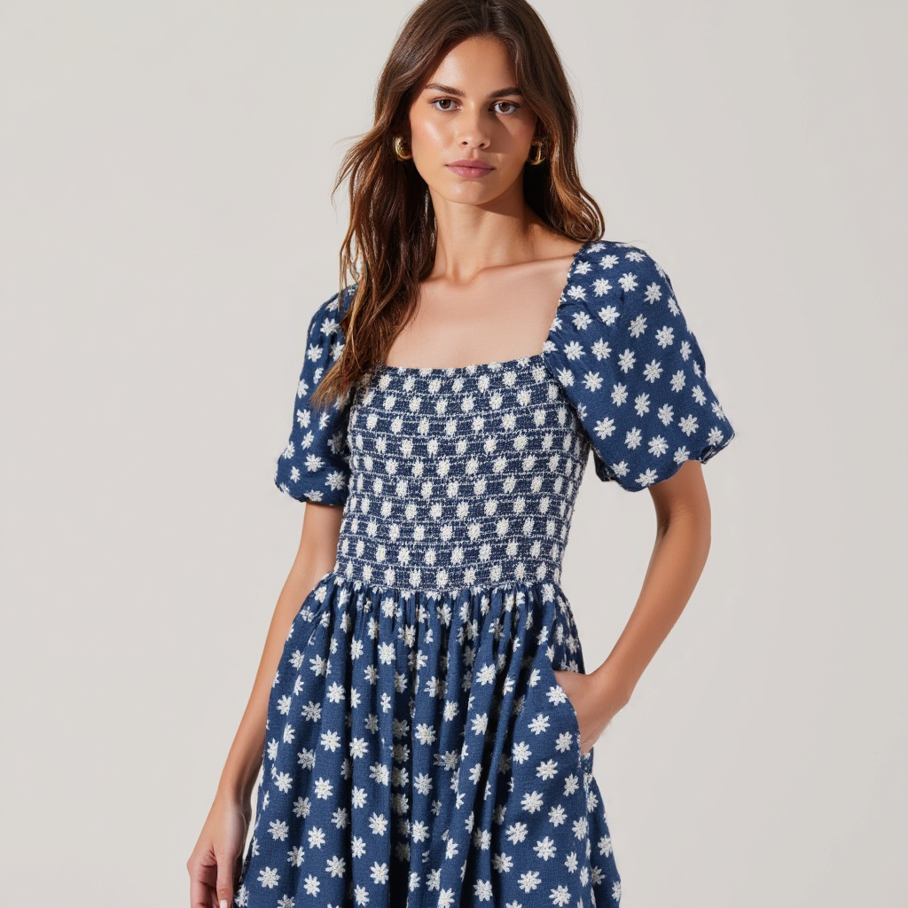 Smocked Puff-Sleeve Midi Dress with Tiered Skirt and Pockets
