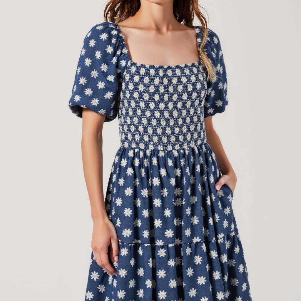 Smocked Puff-Sleeve Midi Dress with Tiered Skirt and Pockets