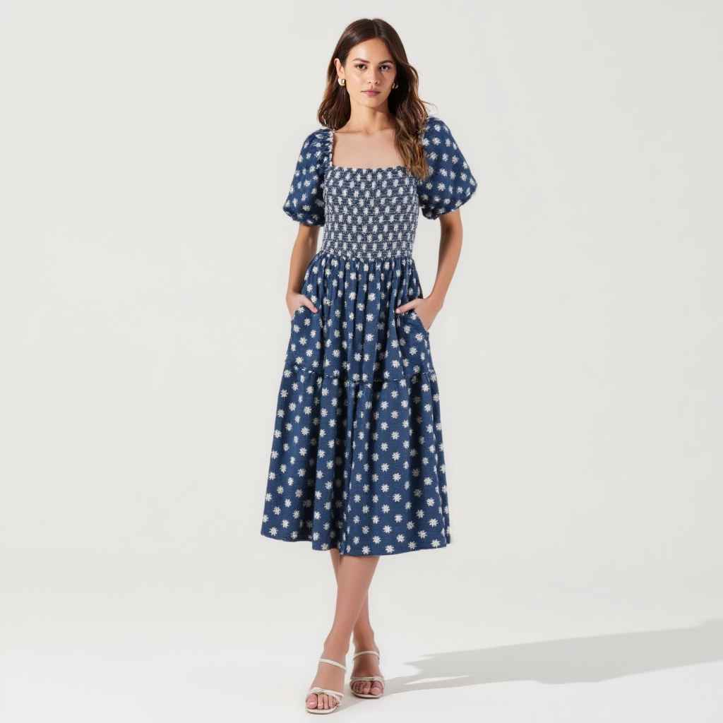 Smocked Puff-Sleeve Midi Dress with Tiered Skirt and Pockets