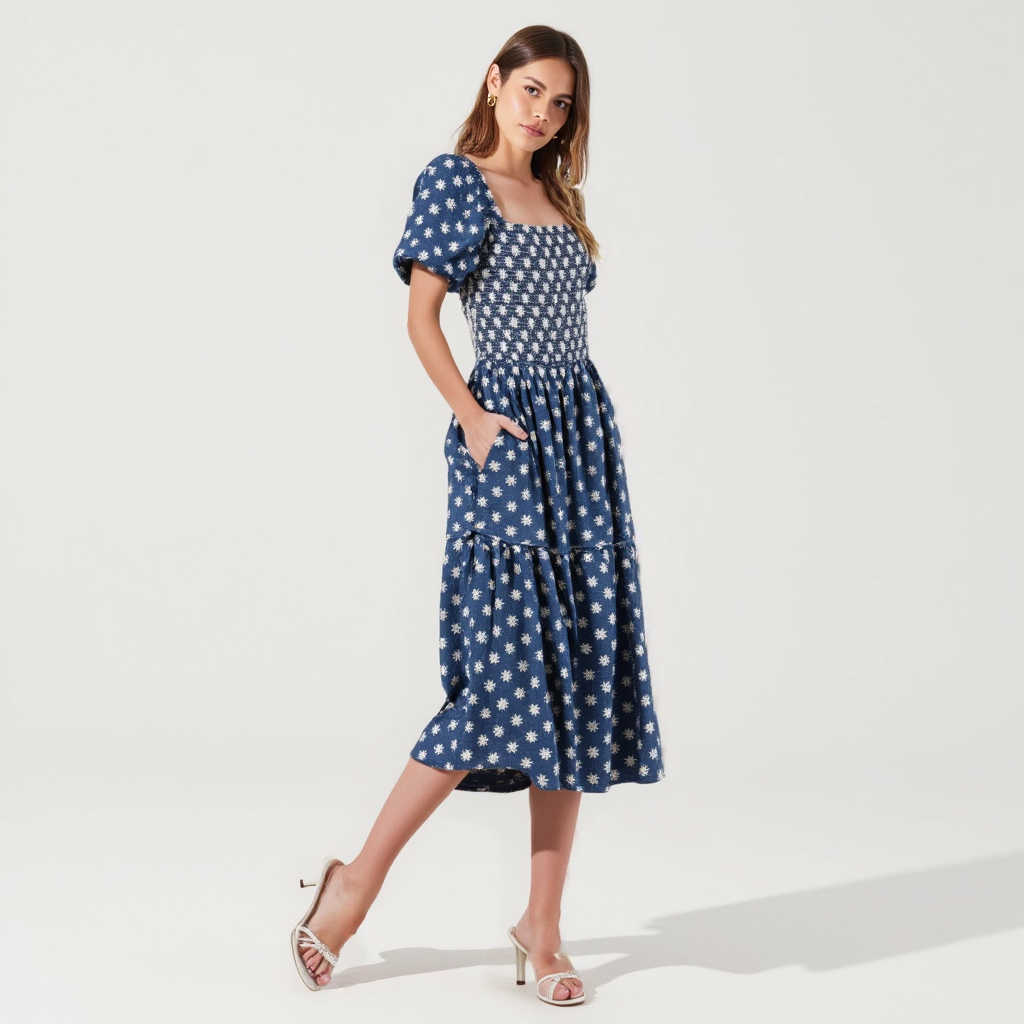 Smocked Puff-Sleeve Midi Dress with Tiered Skirt and Pockets