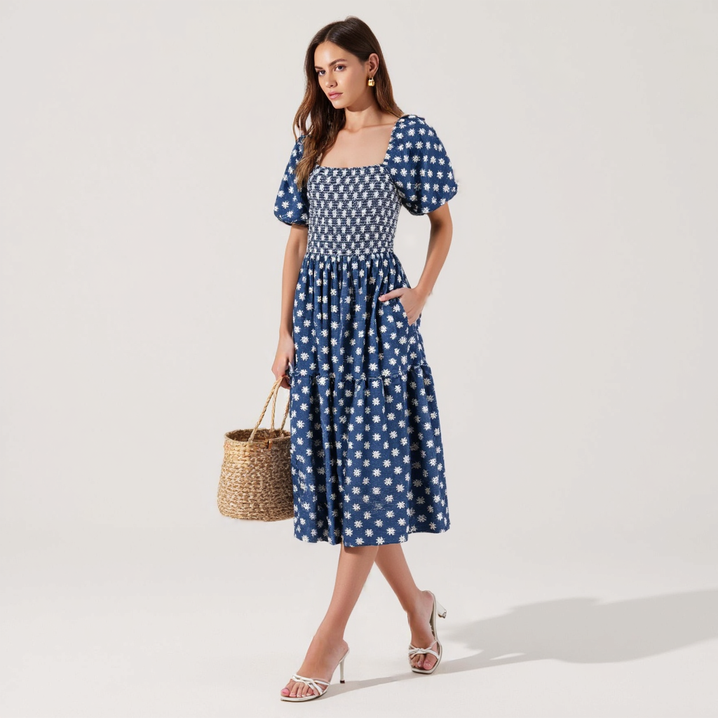 Smocked Puff-Sleeve Midi Dress with Tiered Skirt and Pockets