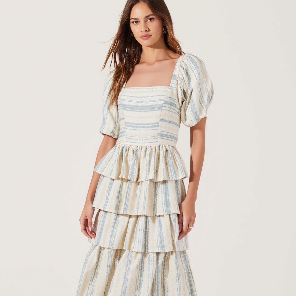 Puff-Sleeve Tiered Maxi Dress with Smocked Bodice and Peplum Detail