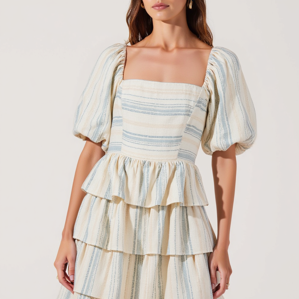 Puff-Sleeve Tiered Maxi Dress with Smocked Bodice and Peplum Detail