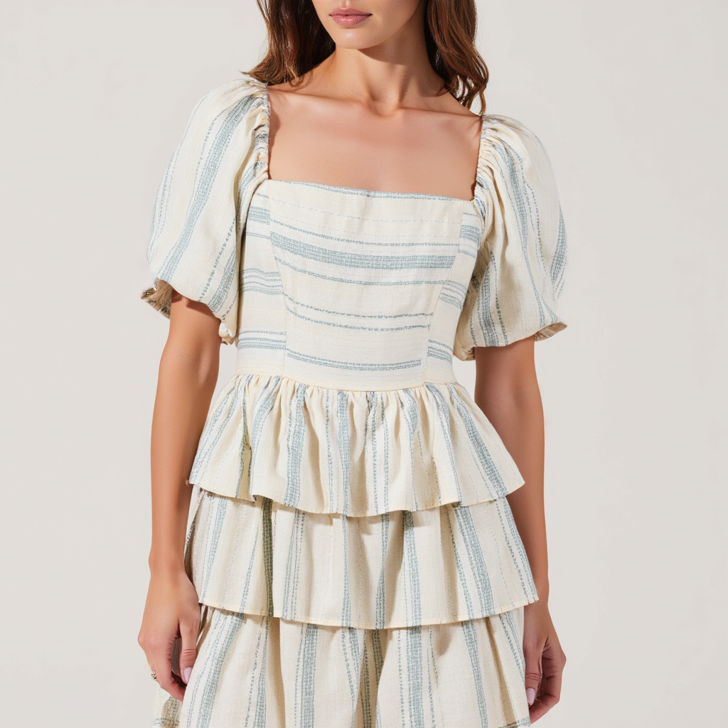 Puff-Sleeve Tiered Maxi Dress with Smocked Bodice and Peplum Detail