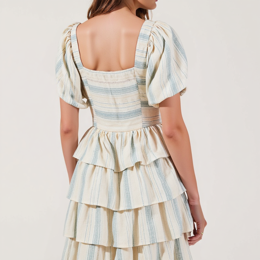 Puff-Sleeve Tiered Maxi Dress with Smocked Bodice and Peplum Detail