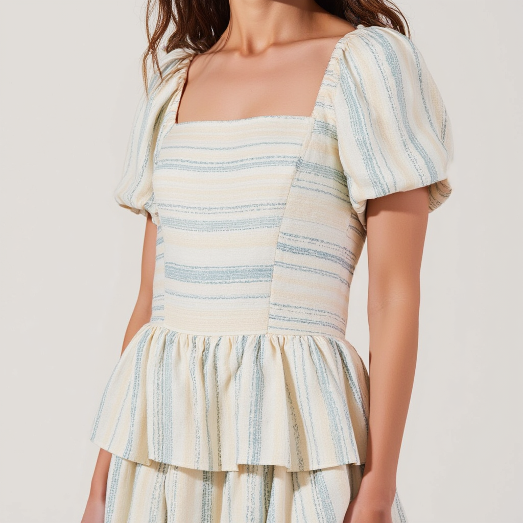 Puff-Sleeve Tiered Maxi Dress with Smocked Bodice and Peplum Detail