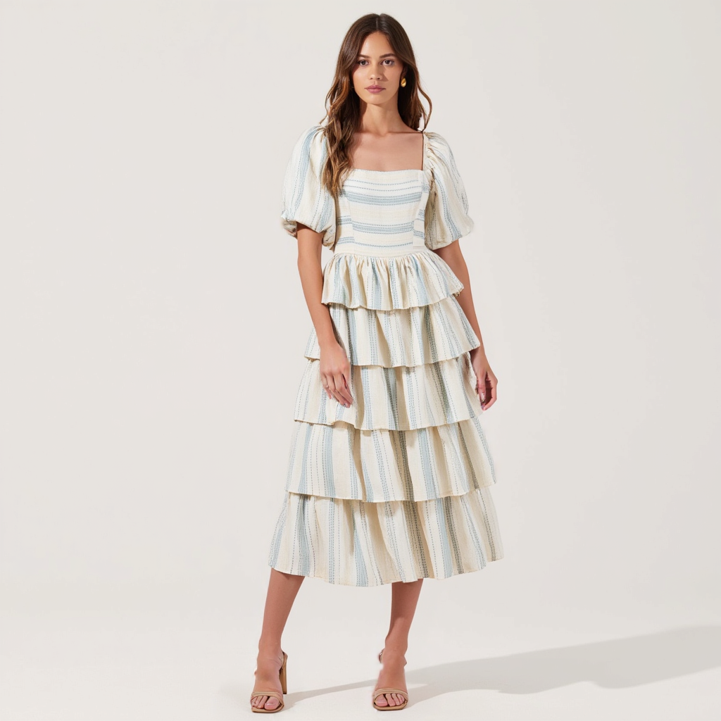 Puff-Sleeve Tiered Maxi Dress with Smocked Bodice and Peplum Detail