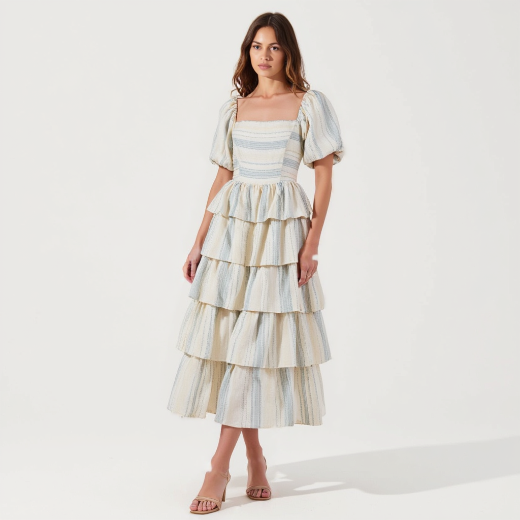 Puff-Sleeve Tiered Maxi Dress with Smocked Bodice and Peplum Detail