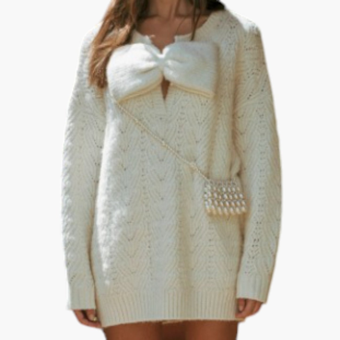 Oversized Knit Sweater Dress with Statement Bow and Ribbed Trim