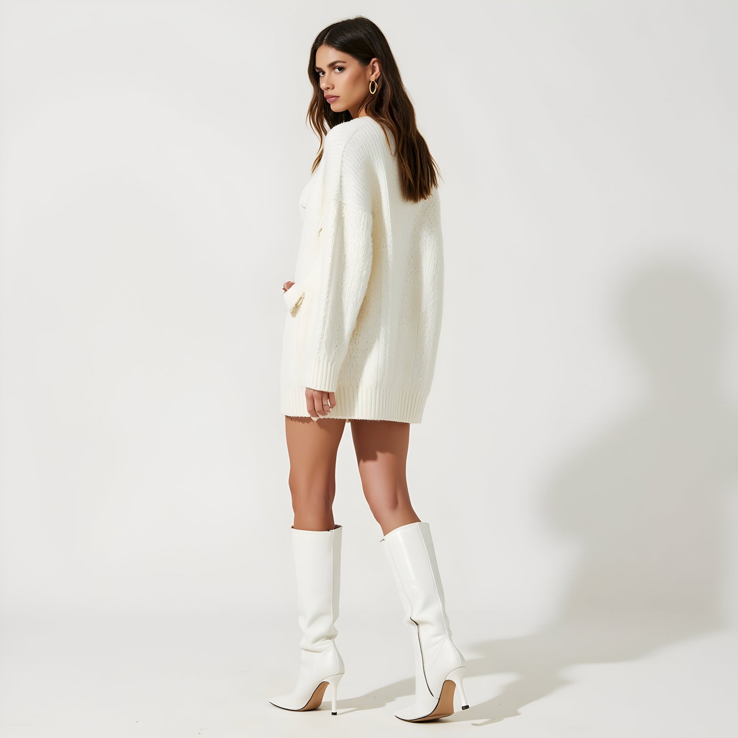 Oversized Knit Sweater Dress with Statement Bow and Ribbed Trim