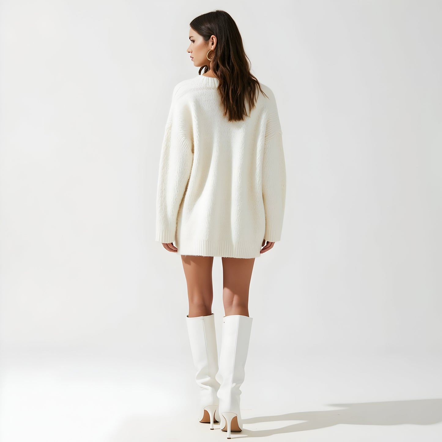 Oversized Knit Sweater Dress with Statement Bow and Ribbed Trim