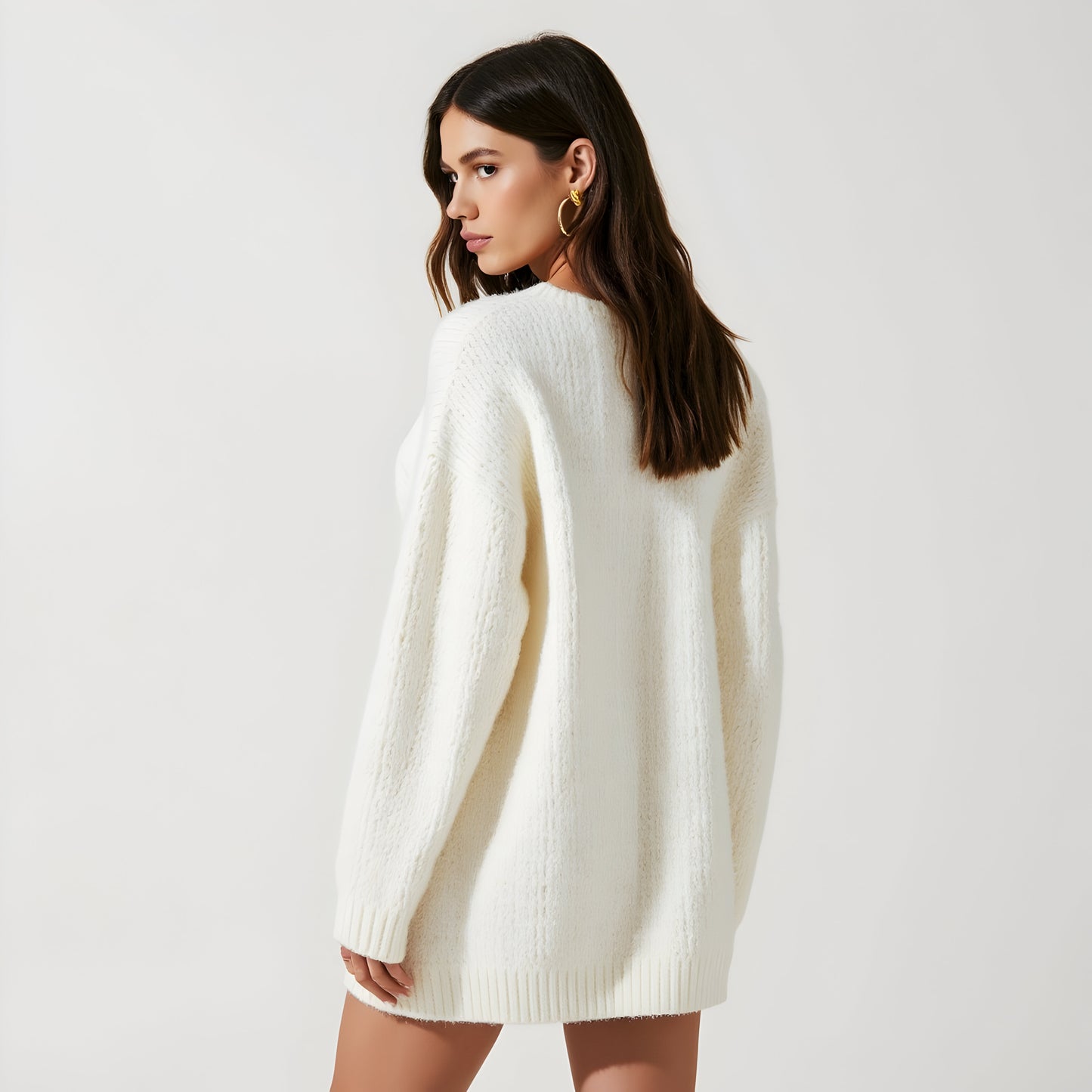 Oversized Knit Sweater Dress with Statement Bow and Ribbed Trim