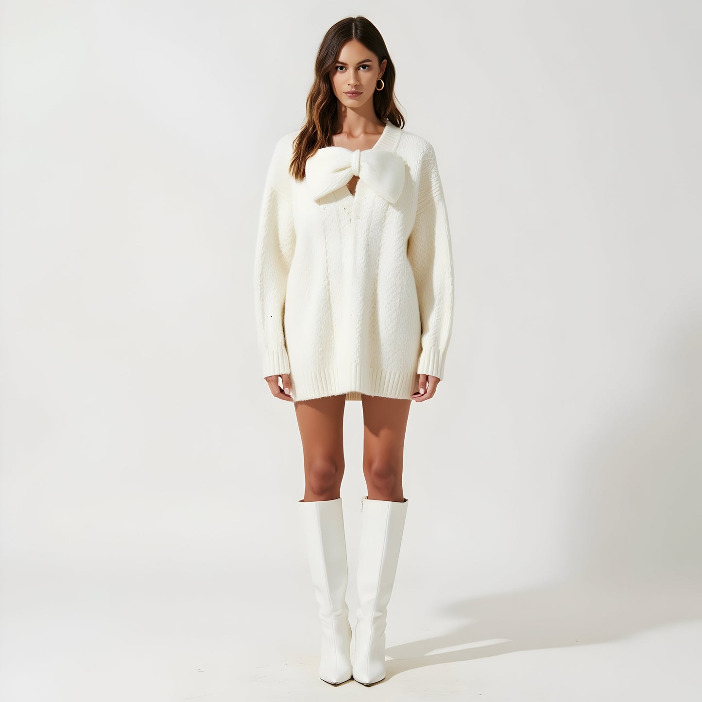 Oversized Knit Sweater Dress with Statement Bow and Ribbed Trim