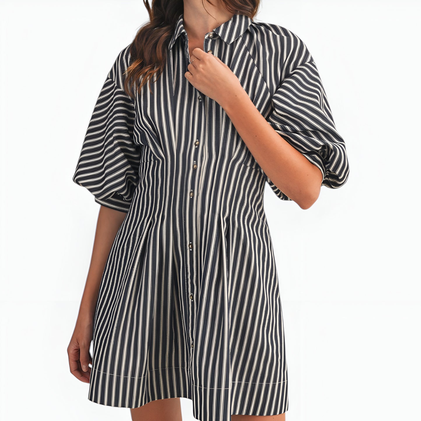 Striped Shirt Dress with Puff Elbow Sleeves, Button Front and Tailored Fit