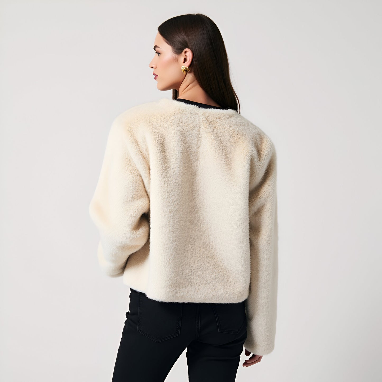Faux Fur Cropped Jacket with Patch Pockets and Clean Collarless Finish