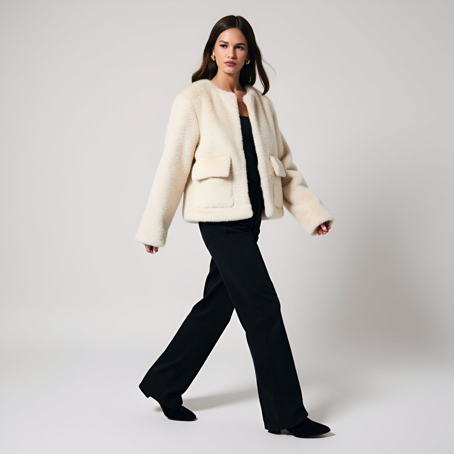 Faux Fur Cropped Jacket with Patch Pockets and Clean Collarless Finish