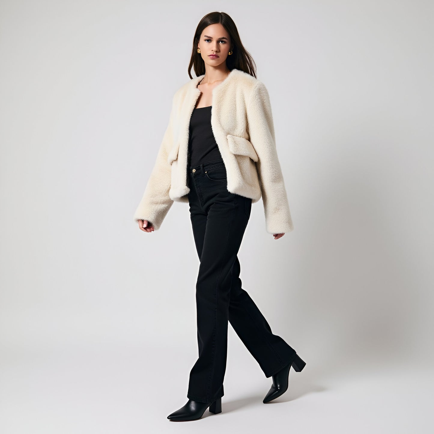 Faux Fur Cropped Jacket with Patch Pockets and Clean Collarless Finish
