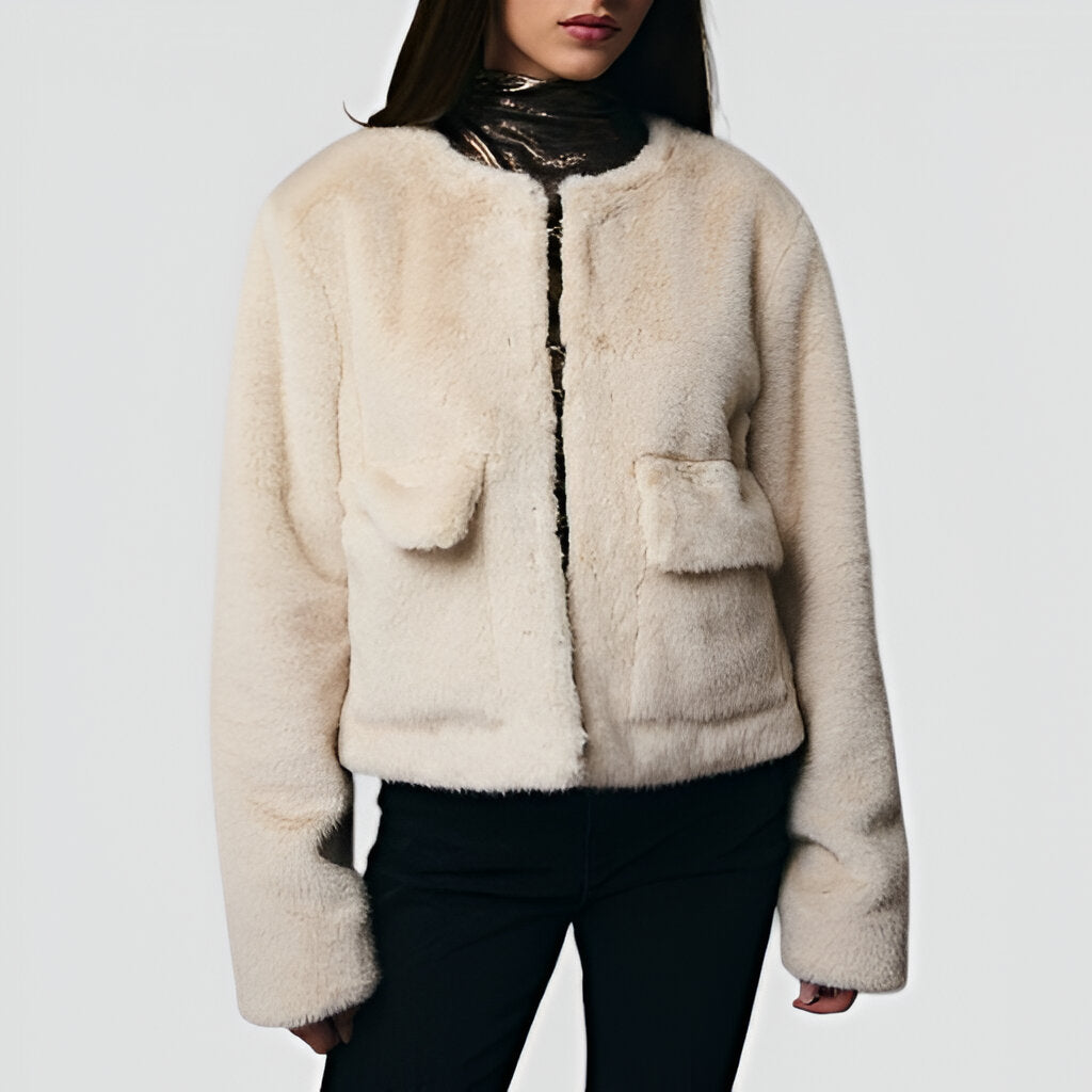 Faux Fur Cropped Jacket with Patch Pockets and Clean Collarless Finish