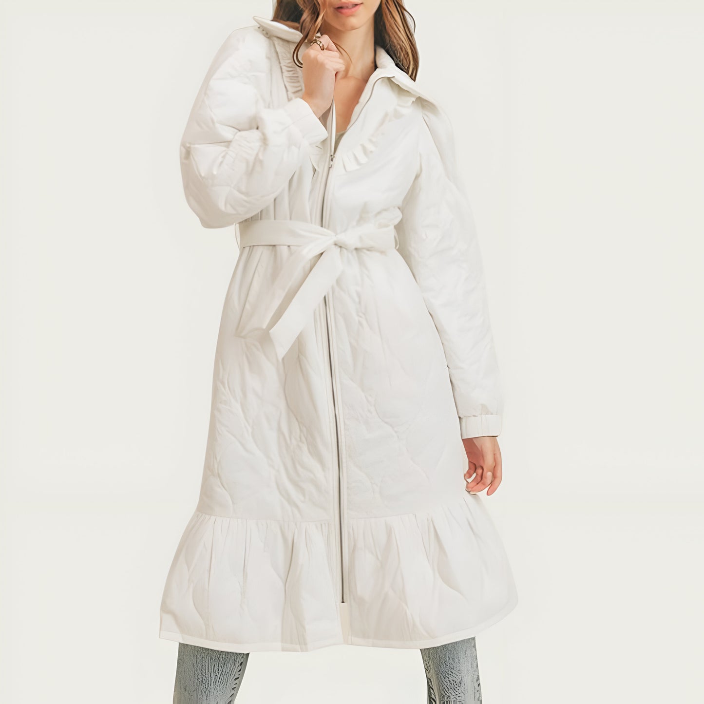 Quilted Longline Coat with Ruffle Trim and Tie Waist Belt