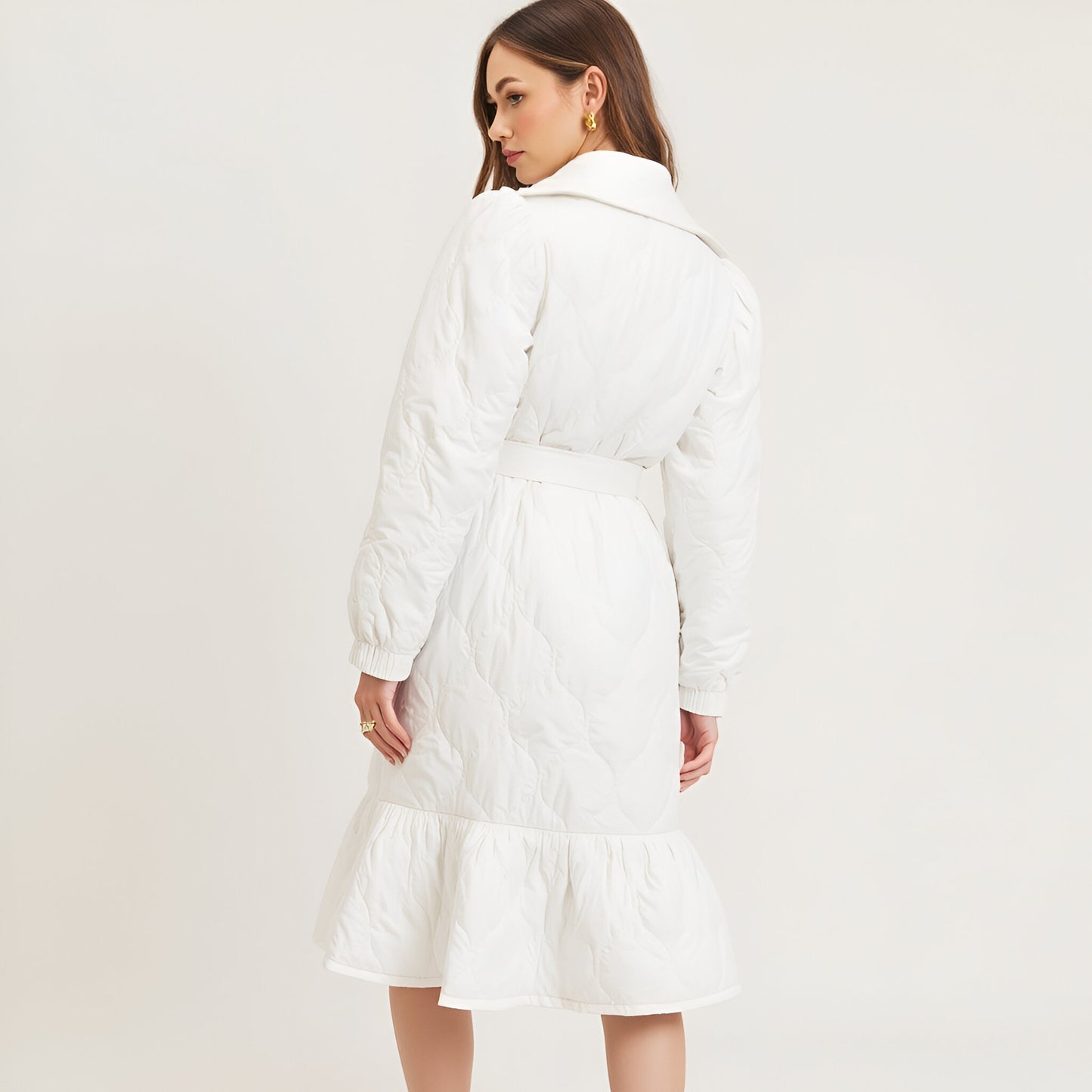 Quilted Longline Coat with Ruffle Trim and Tie Waist Belt