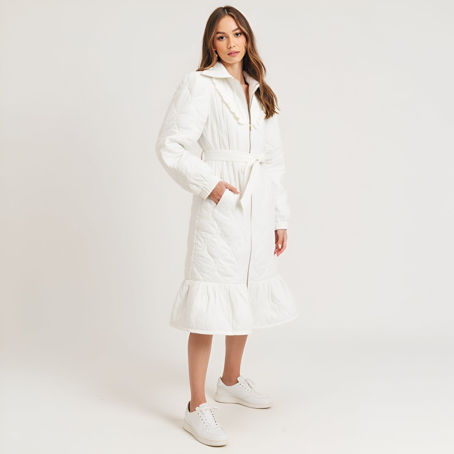 Quilted Longline Coat with Ruffle Trim and Tie Waist Belt