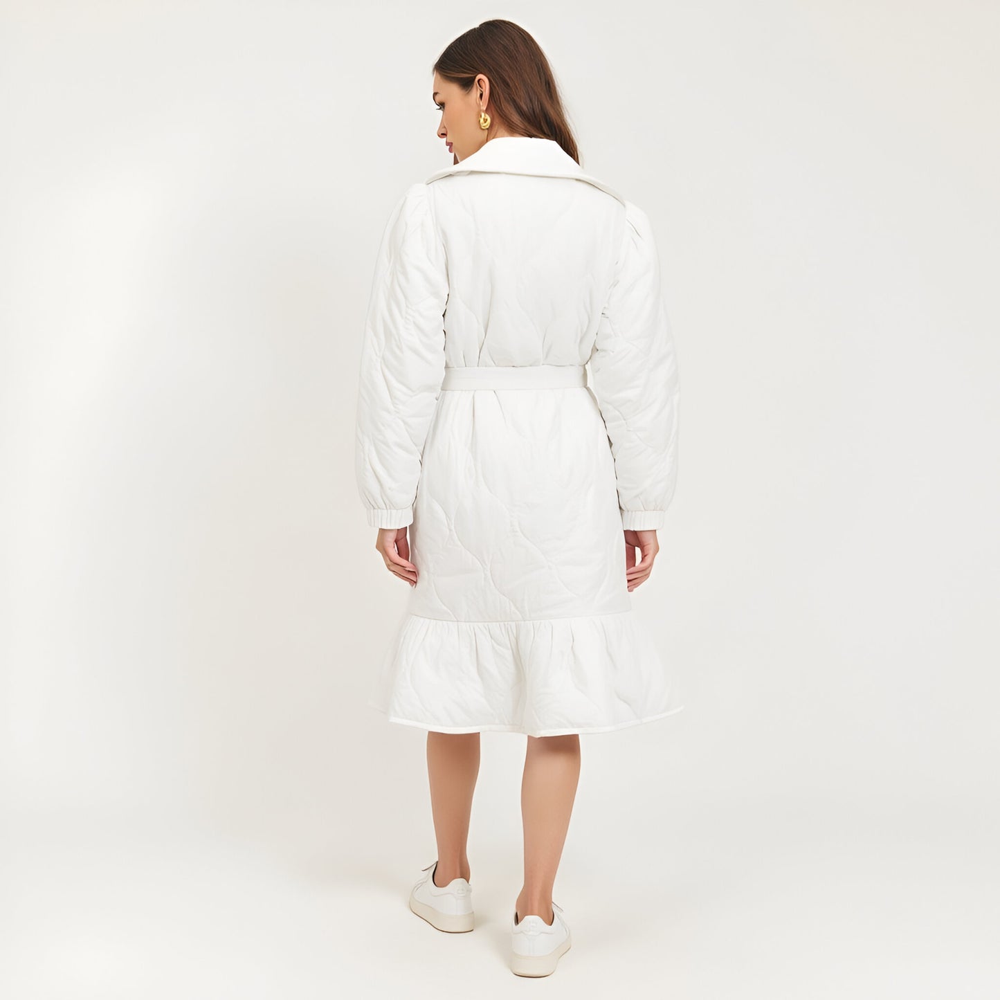 Quilted Longline Coat with Ruffle Trim and Tie Waist Belt