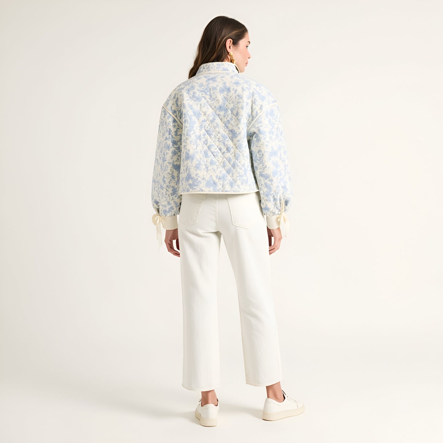 Floral Quilted Jacket with Puff Sleeves and Satin Bow Cuffs