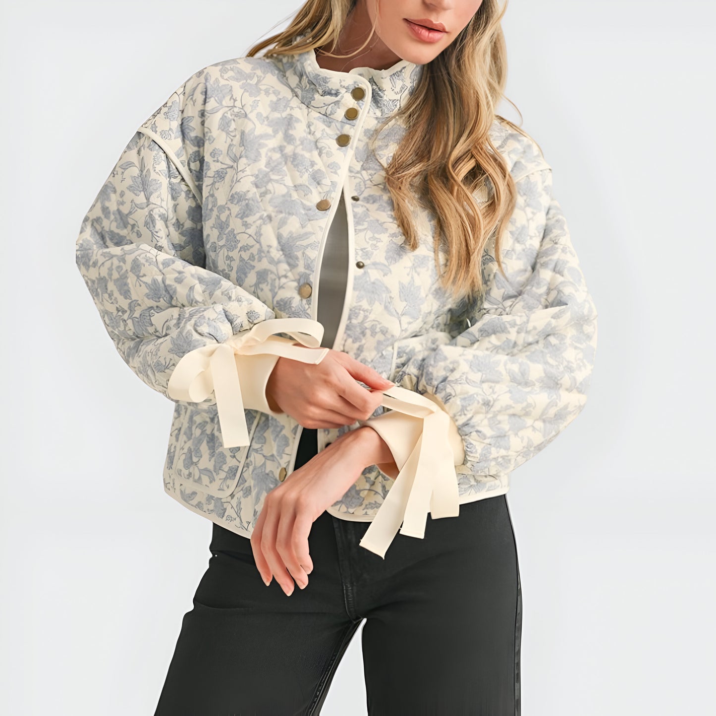 Floral Quilted Jacket with Puff Sleeves and Satin Bow Cuffs